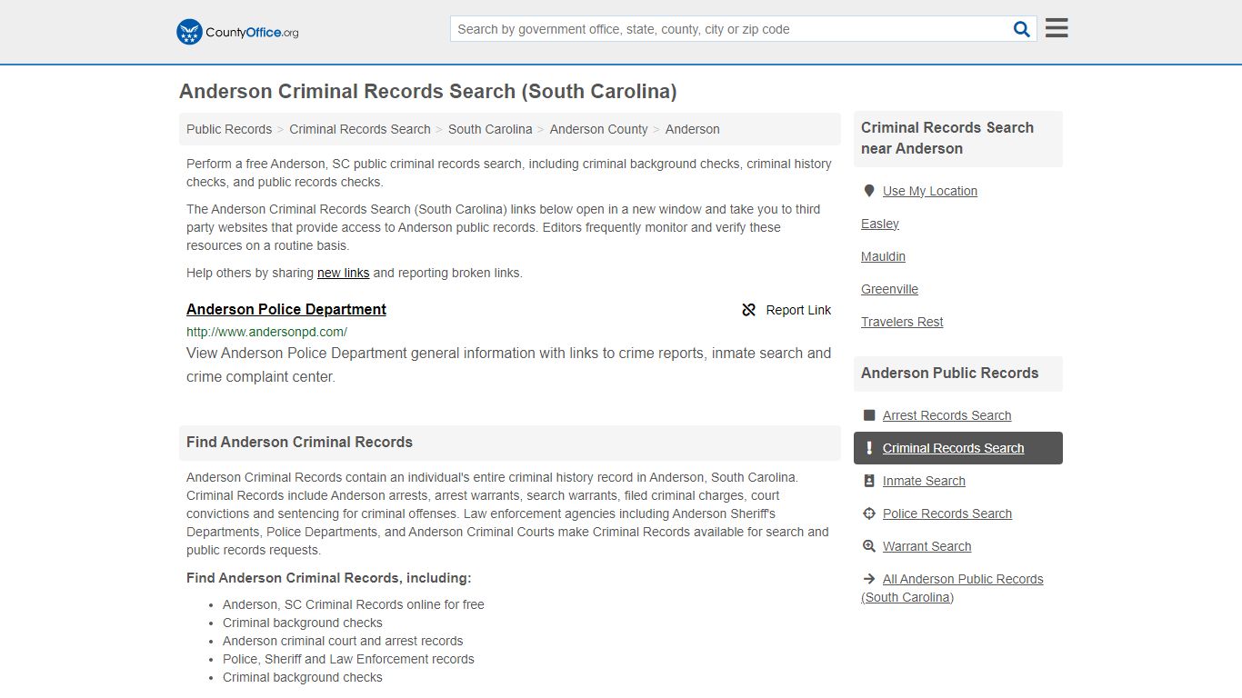 Anderson Criminal Records Search (South Carolina) - County Office